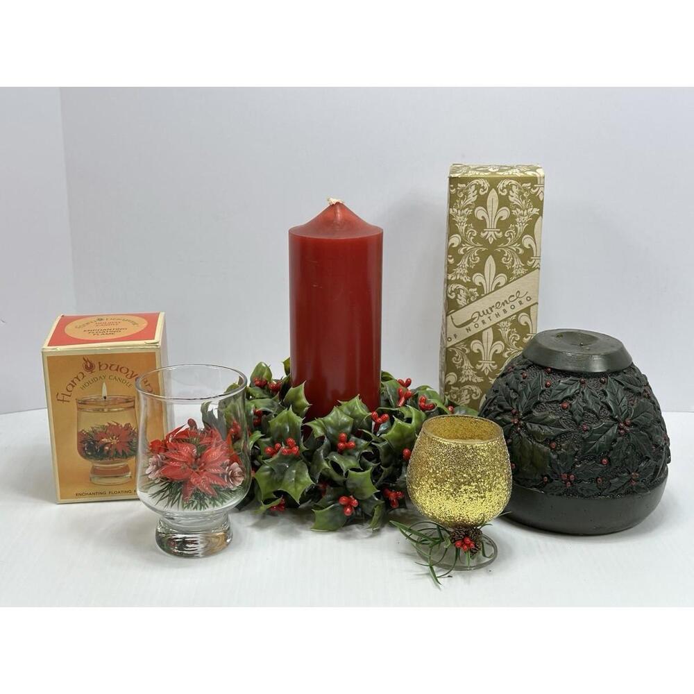 Vintage Lot 4 Christmas Holiday Seasonal Candles Holly Floating Candle Pillar